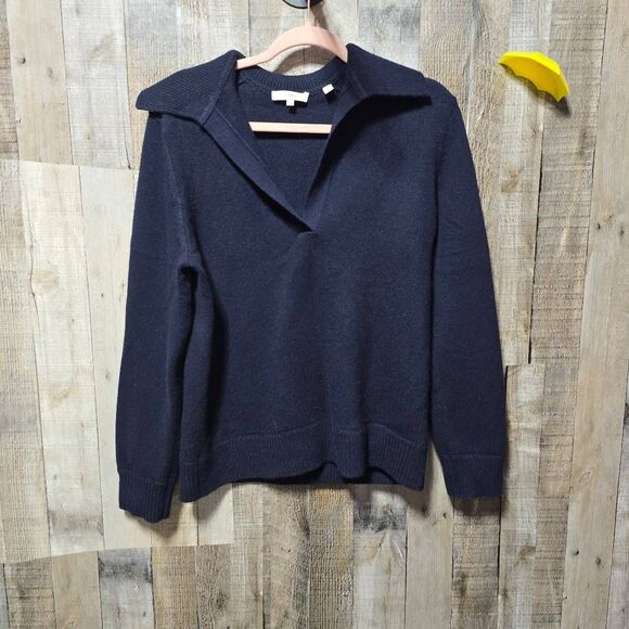 VINCE WOOL CASHMERE OPEN NECK POLO SWEATER COASTAL BLUE - Picture 2 of 5